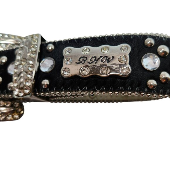 Vintage BHW Women's Black Leather Western Belt Silver Bling Accents Sz Medium - Picture 3 of 13
